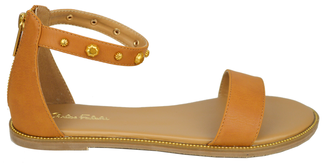 Studded Ankle Strap Flat Sandal - Saddle