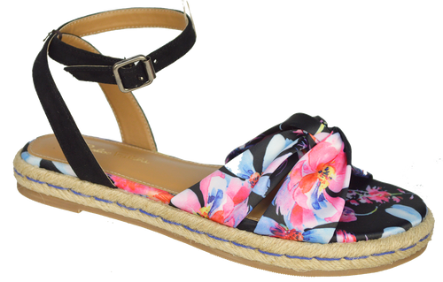 Ankle Strap Floral Sandal - Black