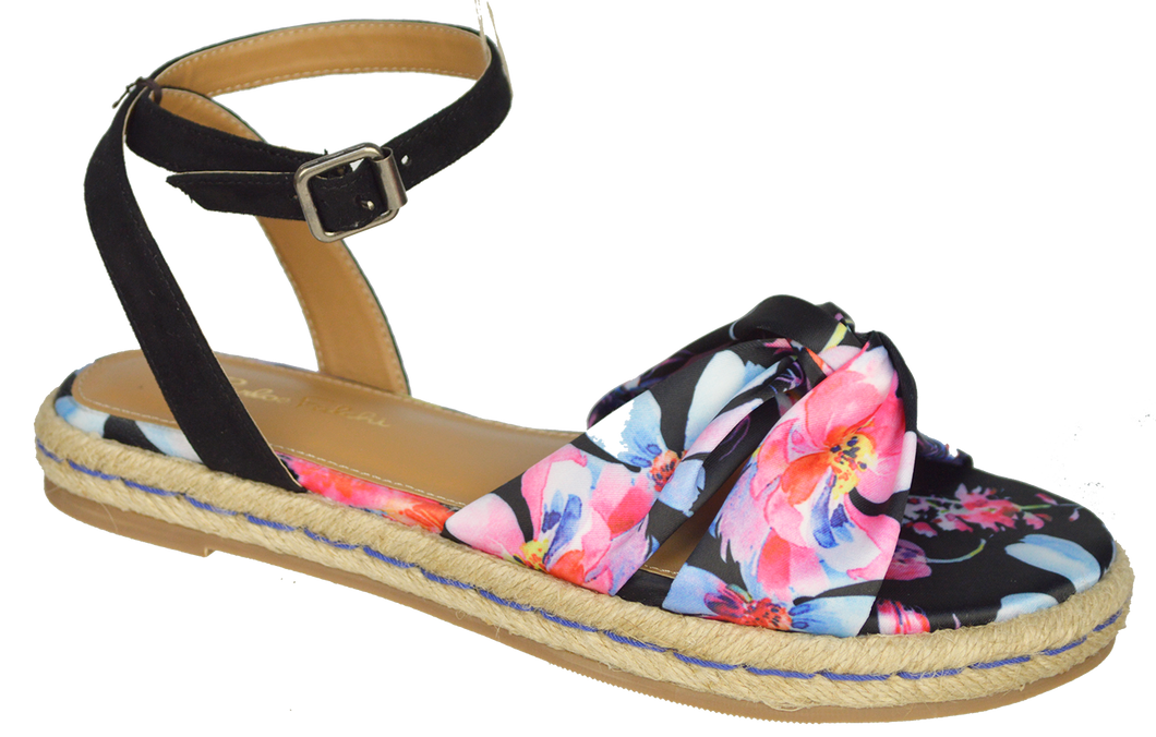 Ankle Strap Floral Sandal - Black