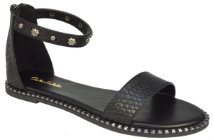 Studded Ankle Strap Flat Sandal - Black
