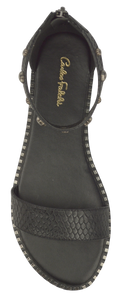 Studded Ankle Strap Flat Sandal - Black