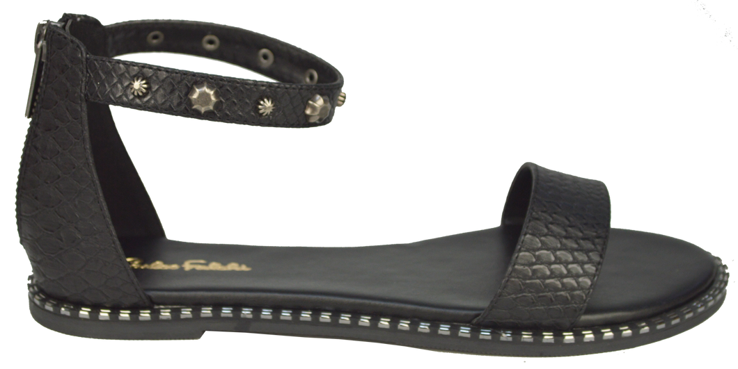 Studded Ankle Strap Flat Sandal - Black
