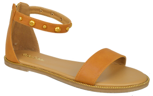 Studded Ankle Strap Flat Sandal - Saddle