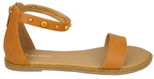 Studded Ankle Strap Flat Sandal - Saddle