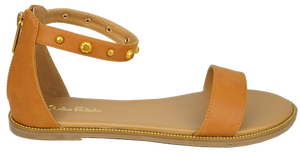 Studded Ankle Strap Flat Sandal - Saddle