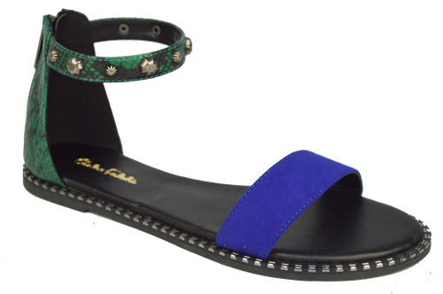 Studded Ankle Strap Flat Sandal - Blue and Green