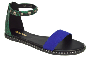 Studded Ankle Strap Flat Sandal - Blue and Green
