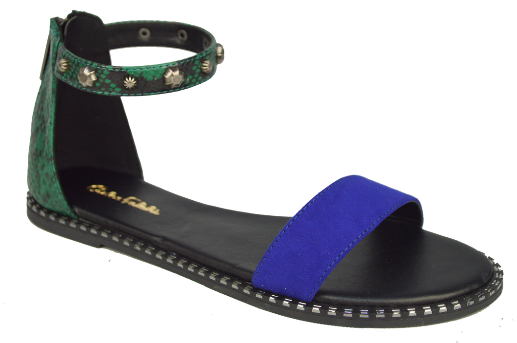 Studded Ankle Strap Flat Sandal - Blue and Green