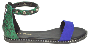 Studded Ankle Strap Flat Sandal - Blue and Green