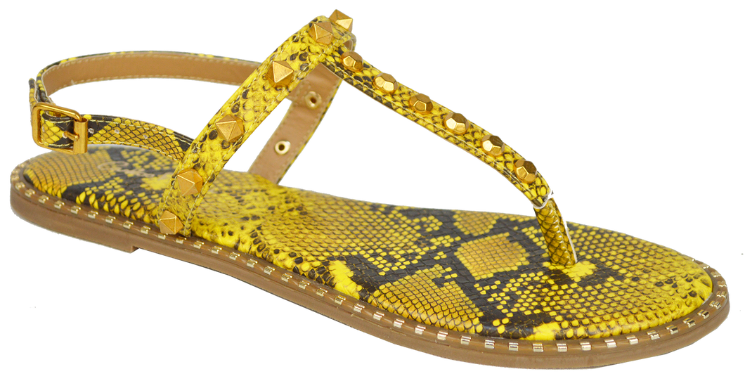 Studded T Strap Sandal- Yellow Python